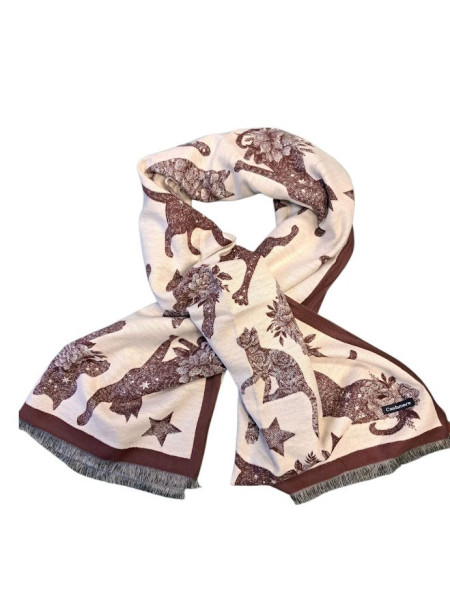 Dámská kašmírová šála motiv Kočky Tmavěhnědo Béžová (1)
