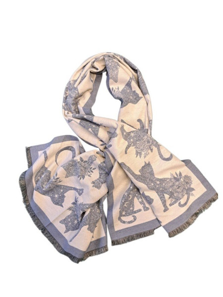 Dámská kašmírová šála motiv Kočky Fialovo Béžová (2)