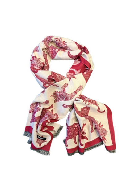 Dámská kašmírová šála motiv Kočky Červeno Béžová (1)