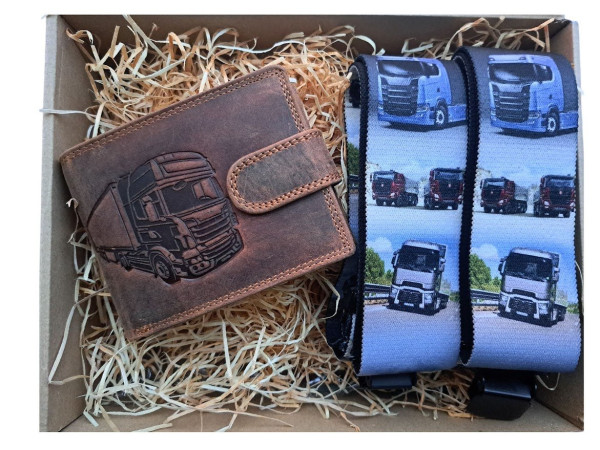 Dárkový set pro muže - Kožená peněženka a kšandy traktor (1)