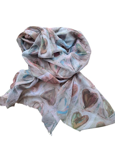 Hedvábná šála s motivem barevných srdcí nádech růžové (1)