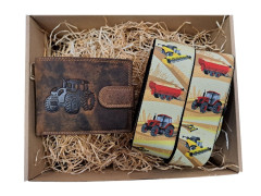 Dárkový set pro muže - Kožená peněženka a kšandy traktor